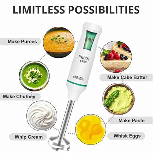 INALSA HAND BLENDER Robot 5.0 SS with Powerful Super Silent 500 Watt DC Motor| Stainless Steel Blade & Detachable Stem|2 Year Warranty INALSA HAND BLENDER Robot 5.0 SS with Powerful Super Silent 500 Watt DC Motor| Stainless Steel Blade & Detachable Stem|2 Year Warranty